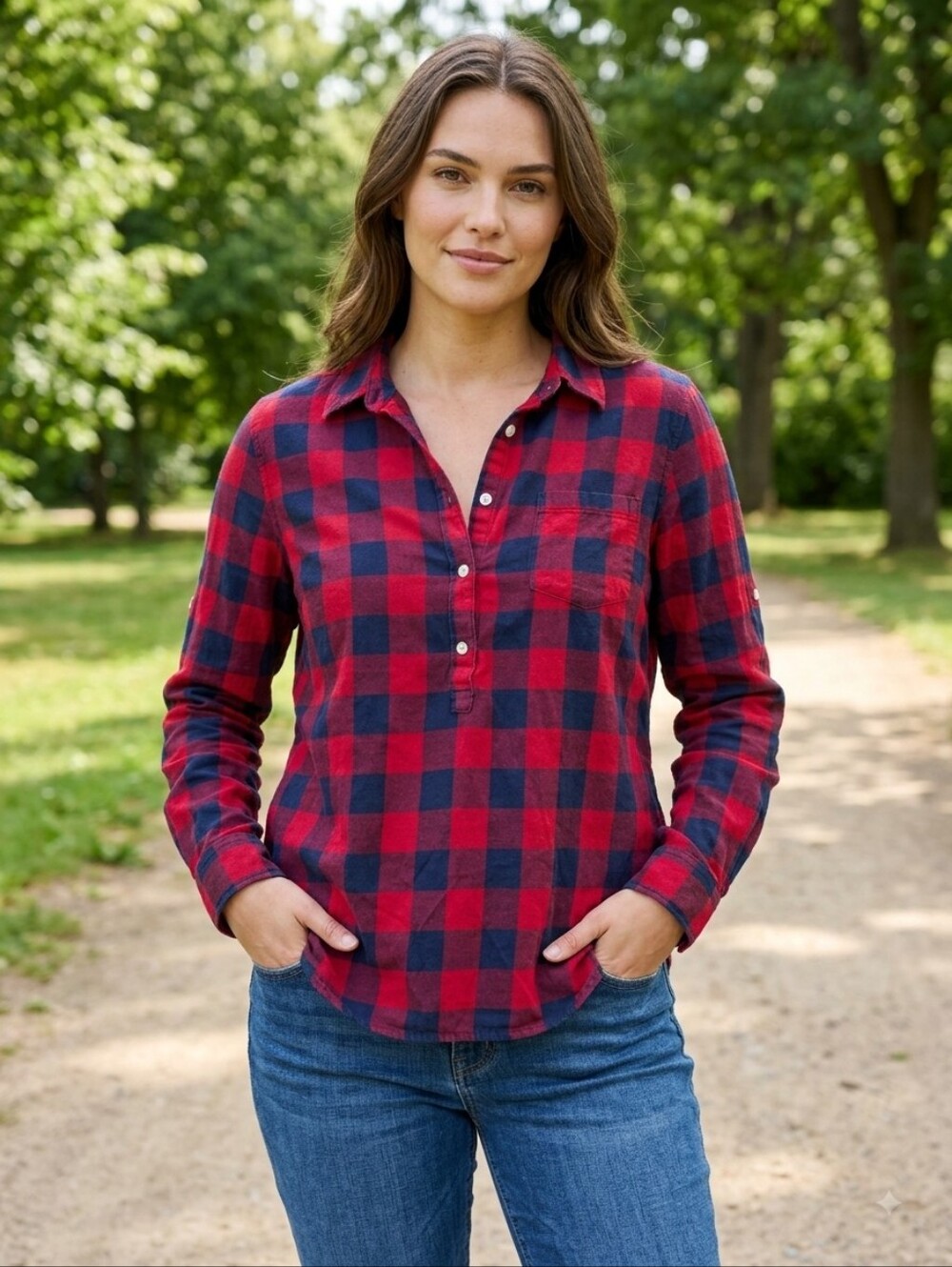 Gap Red Navy Buffalo Plaid Flannel Boyfriend Popover Shirt M